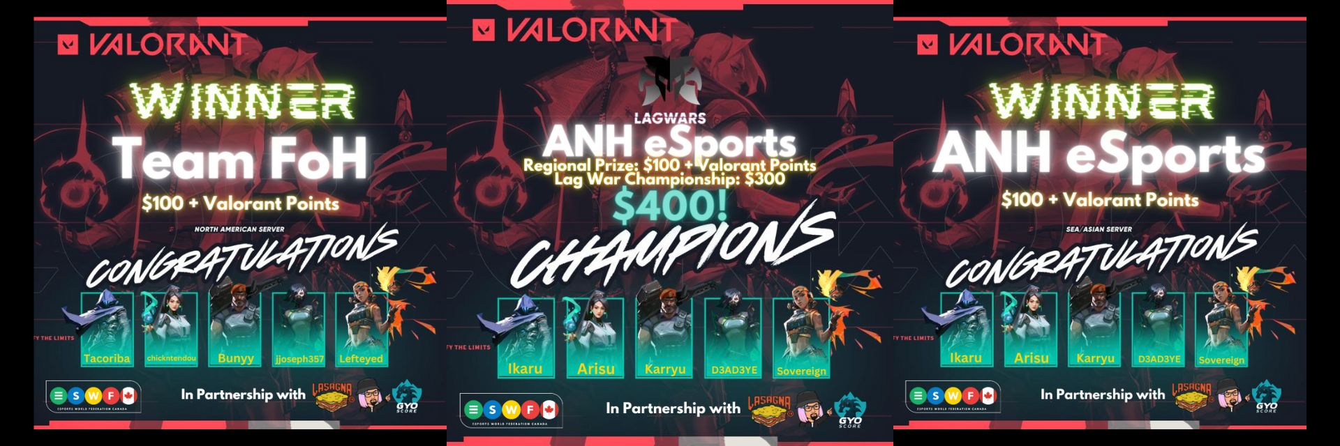 On the left side, Team FoH won the semi-finals in North American Server. On the opposite side, ANH eSports won the semi-finals in the Asian server. In the middle is the champion of LAG WAR, winning a total of $400 plus Valorant points